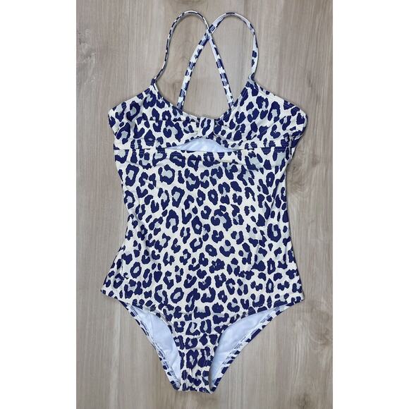 Splendid Girls sz 12 One Piece Swimsuit Navy Blue Leopard Beige Cream 52537 - Picture 4 of 14